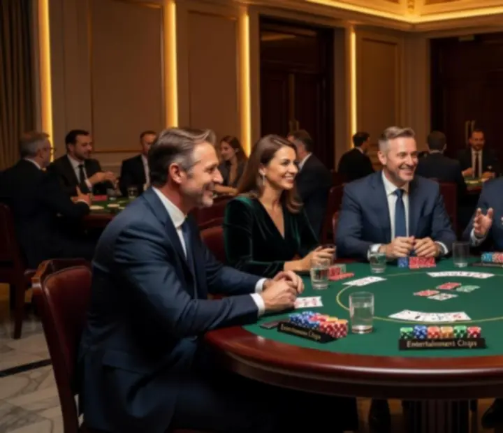Elegáns vállalati pókeres rendezvény játékpénzes asztalokkal