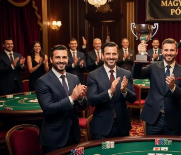 Vállalati csapat nevetve játszik pókerasztalnál egy elegáns teambuilding eseményen.