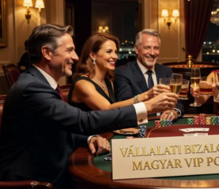 VIP vendégek elegáns környezetben, pókerasztal körül beszélgetnek.